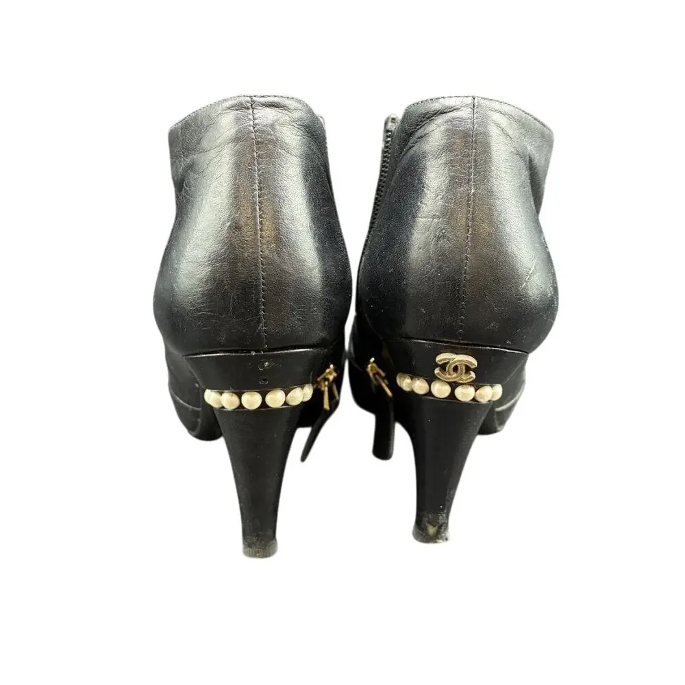Chanel 15C Black Calfskin Faux Pearl Cone Heel Ankle Booties 36